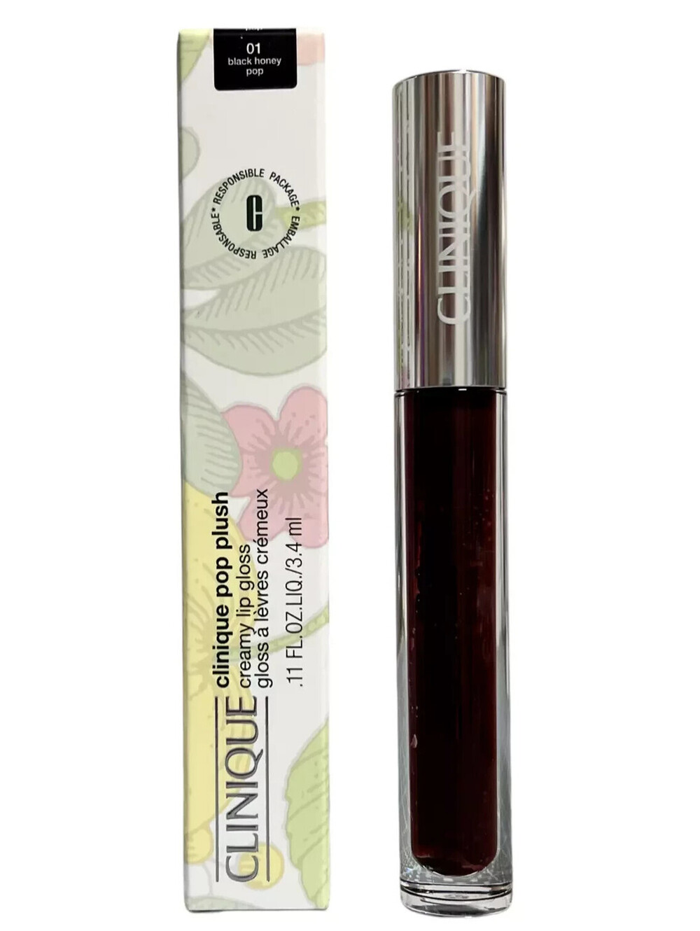 Clinique Pop Plush Creamy Lip Gloss, 01 BLACK HONEY POP, Full Size .11oz/3.4mL
